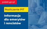 Grafika z tekstem Rozliczenie PIT Informacja dla emerytów i rencistów, na tle kolorów niebieskiego, czerwonego i żółtego.